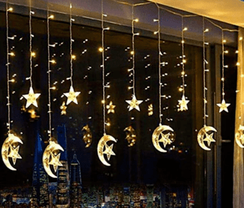 138 LED Star Curtain String Lights, Window Curtain String Light Moon Star String Light for Ramadan