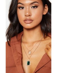Gold Cross And Green Gemstone Pendent Layering Necklace- accessories