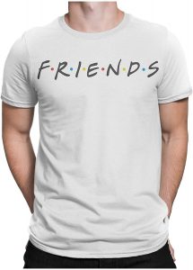 Man wearing Friends white T-shirt