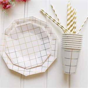Paper plates and cups with golden crest