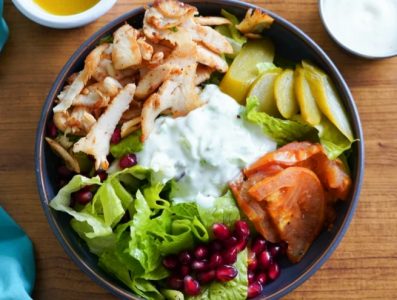 A bowl of chicken shawarma salad - iftar meal that you can order at Deliveroo