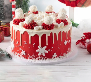red and white Christmas themed cake