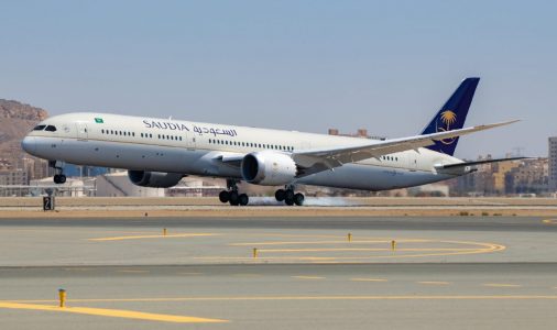 saudi airlines aircraft on the runway