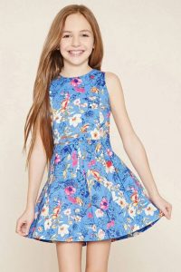 Girl kid in blue floral dress