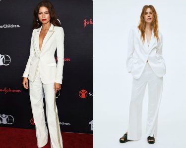 A collage of two women dresses in white suits