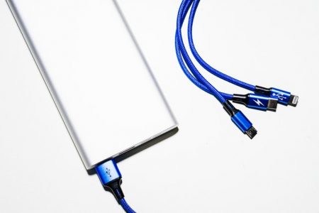 Blue cable plugged in power bank