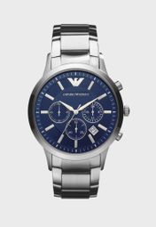 Analog watch with navy blue dial and silver mettalic strap